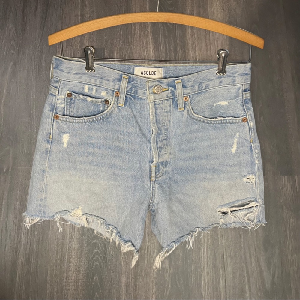 Agolde Light Blue Distressed Denim Jean Shorts